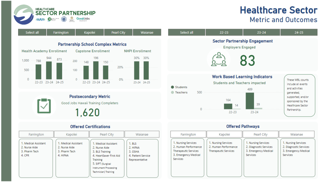 Screenshot of the Healthcare Sector metric and outcomes dashboard.